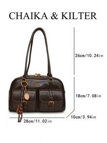 1 件 CHAIKA & KILTER 女士纯色亮面 PU 皮革单肩包，时尚多口袋大容量波士顿保龄球包，带拉链开合，适合日常和户外使用（与吊坠一起出售）