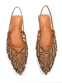 Damen elegante völlig mit Strass verzierte, Cut Out ausgeschnittene braune Wildleder Mesh geschlossene Zehenschuhe mit Slip-On, bequem für täglichen Tragen und Party