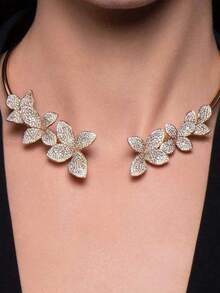1 件新款水钻花朵颈链，优雅高端时尚日常/婚礼项圈项链，百搭锁骨链配饰 - 一對花耳環 - 查看 9