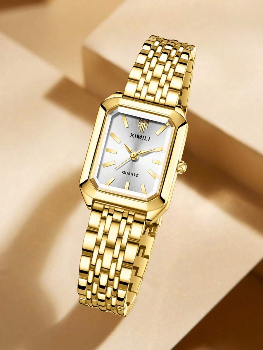 1pc Women's Golden Strap Fashion Casual Classic Rectangle Simple Bar Scale Dial Quartz Watch For Daily Wear Or Traditional Festival Gifts - Gold - View 1