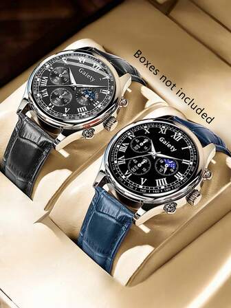 2Pcs Men's PU Leather Strap Fashionable Casual Classic Three Eye Roman Letter Dial Quartz Watch For Daily Wear Or Holiday Gifts