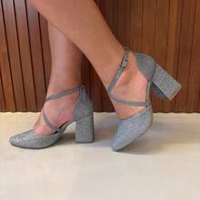 Women's Pumps Shoes Cross Straps High Heel 8 Cm Thick Shiny Elegant Original Show Show - 銀色 - 查看 3