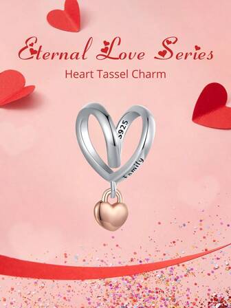 WOSTU 1 件 925 纯银可爱心形流苏吊坠母亲节礼物玫瑰金心形设计串珠适合 DIY 原创手链和项链女士精美珠宝配饰母亲节礼物