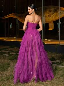 高衩網紗覆蓋抹胸連衣裙 - 紫色 - 查看 2