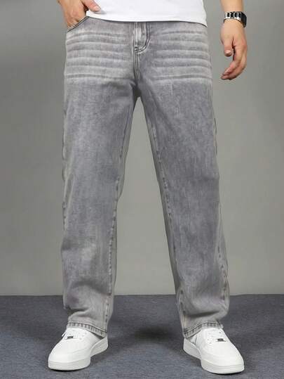 Men's Relaxed Fit Vintage Wash Plus Size Straight Leg Jeans, Casual