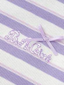 Balabala Girls' Ruffled Stripe Tee, Sweet & Breathable Summer Wear - Purple and White - View 5