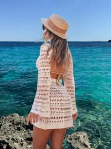 Women's Spring Summer Beach Outfits Bohemian Sexy Hollowed-Out Backless Long Sleeve Crochet Cover Up Sundress