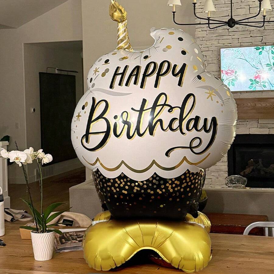 1pc Giant 132cm/97cm Black & Gold Birthday Cake Shape Foil Balloon - Perfect For Party Decor And Photo Prop, Party Decoration Balloon, Holiday Decor Balloon, Birthday Celebration, Birthday Party, Gift Giving, Baby Shower, Bachelor Party