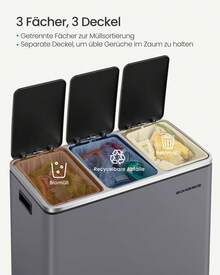 SONGMICS Mülleimer Küche, 3 x 18 L, Mülltrennsystem 3 Fächer, inklusive 15 Müllbeutel, Abfalleimer, Treteimer, für recycelbare Abfälle, Biomüll, mit Deckel, mattgrau - Grau - Übersicht 2