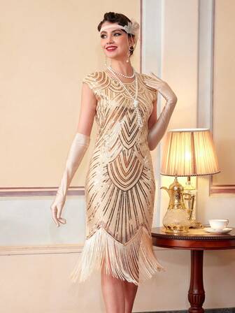 女式 20 世纪 20 年代复古亮片圆领泡泡袖流苏下摆修身派对连衣裙，适合参加鸡尾酒会