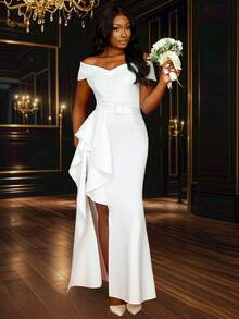 Vestido blanco elegante largo con hombros descubiertos, volantes y abertura para dama de honor, boda, fiesta nupcial, graduación, novia