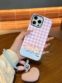 1pc Powder Blue Rhinestone Stripes With Bow Stand Lanyard Bag Mobile Phone Case Compatible With IPhone 16PROMAX/15Plus/14/13/12/11 Series Frosted Film Two-In-One Shock Absorption, Non-Slip, Lightweight, New Fashion Design, Men And Women Protective High-Quality Air Cushion Protective Cover Soft Shell, Is A Perfect Gift For Yourself, Girlfriend And Bestie, Family - Case + Bracket + Lanyard - View 3