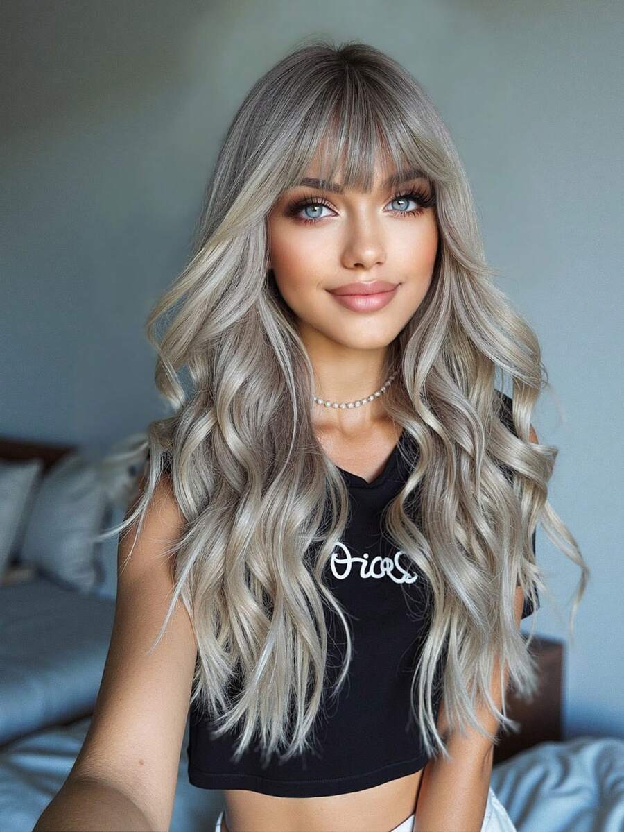 26-Inch Brown Gradient Silver-Gray Wig Long Curly Wavy Wig, Romantic Beautiful Synthetic Heat-Resistant Wig With Fringe Wig For Everyday Life And Parties, Holiday Trips, Music Festivals Holiday Gifts