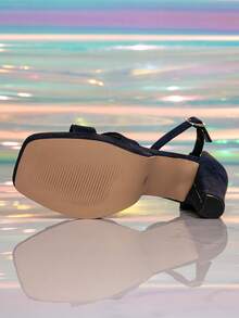 Spring/Summer Women's High Heel Platform Sandals, Square Toe Faux Suede Ankle Strap Chunky Heel Thick Bottom Roman Sandals, Fashion Shoes - Navy Blue - View 7