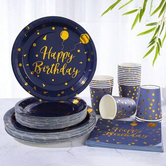 96 delar/set marinblå födelsedagsfesttillbehör, folierade marinblå och guldfärgade engångstallrikar för födelsedagsfest, 7/9-tums, matchande folierade papperstallrikar, koppar, servetter för festdekoration