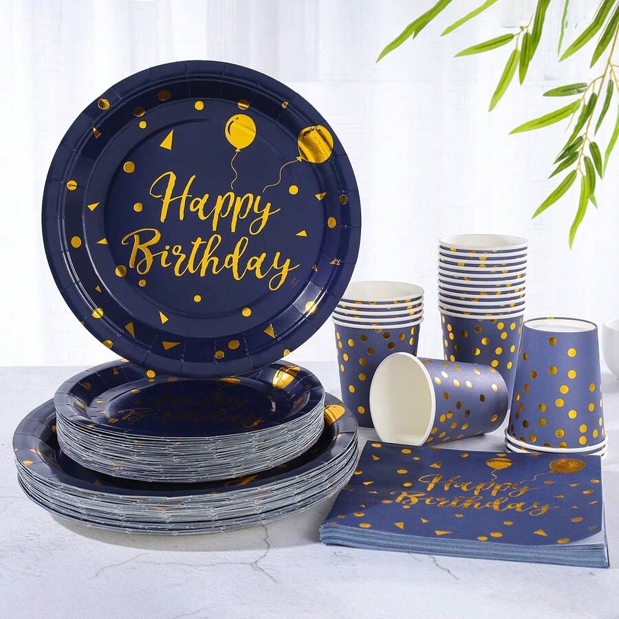 96pcs/Set Navy Blue Birthday Party Supplies, Foiled Navy Blue & Gold Birthday Party Disposable Plates, 7/9-Inch, Matching Foiled Paper Plates, Cups, Napkins For Party Decor - Multicolor - View 1