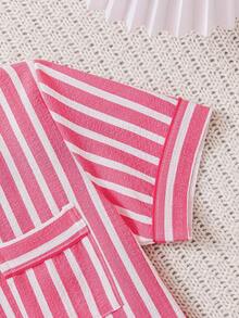 2pcs/Set Cute Casual Red & White Stripe Print Polo Collar Short Sleeve Button-Up Top And Bow Shorts Pajamas Lounge Set For Toddlers/Kids, Spring/Summer - Red and White - View 6