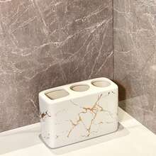 1 Piece Ceramic Gold Marble Toothbrush Holder 3-Hole Freestanding Storage Rack For Bathroom Countertops, Multi-Function Toothbrush And Toothpaste Storage Rack, Durable And Elegant Home Decor Accessory, Stylish Bathroom Supplies - Multicolor - View 18