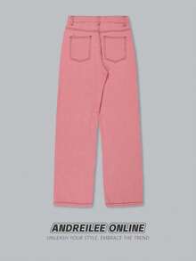 BLACKTOEXIT Spring/Autumn Men's & Women's High Street Sweet Cool Pink Loose Fit Versatile Denim Straight Leg Pants Fashionable Long Pants - Pink - View 7