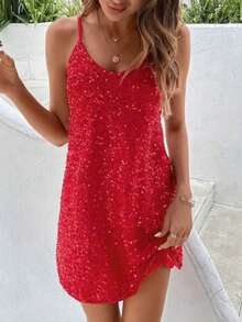 亮片吊带背心，优雅性感休闲基本款背心，优雅派对复古成熟保守闪光，适合鸡尾酒会 - 紅色 - 查看 1