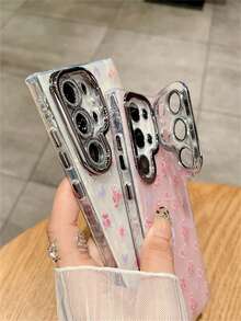 Spring INS Sweet Pink Floral Butterfly Aurora Gradient Shell Pattern Phone Case Compatible With Samsung Galaxy S25 S24 Ultra Plus S23Ultra S25Ultra Luxury Shiny Glitter Camera Lens Bracket Protect Hard Back Cover - Hồng - Xem 5