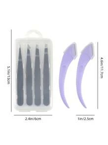 6pcs Stainless Steel Eyebrow Clip Tweezers Set, Includes 2pcs Crescent Eyebrow Razors, Makeup Tool Grooming For Women