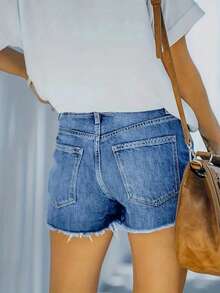 Women's Summer Casual Washed Ripped Denim Shorts - Medium Wash - View 2