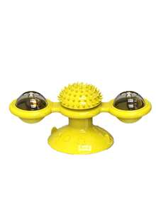 Juguete para gato con base de ventosa, rotación de molinete, tabla de rascado y cepillo, con 2 compartimientos transparentes para contener bolas luminosas, campanas y bolas de menta para atraer gatos/mascotas pequeñas. Mueva suavemente el molinete para que gire.