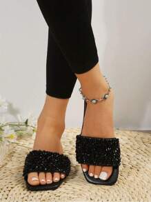 Women's Summer Sports Sandals/Slides Rhinestone Decor Peep Toe Flat Slip-On Mules, Simple & Comfortable