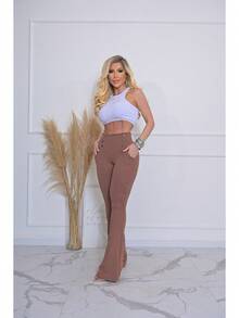 Calça Feminina Flare Cintura Alta Boca Sino com Lycra  Efeito Empina Bumbum Premium Luxo - Bege-Escuro - Visão 7