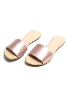 Sandalias planas para mujer,acabado metálico, uso diario casual con punta abierta, chanclas planas para sesión de fotos en la playa, sandalias con tiras azules, sandalias de mujer, zapatos de mujer, chanclas de mujer, sandalias doradas, zapatos de verano - Oro rosa - Ver 2