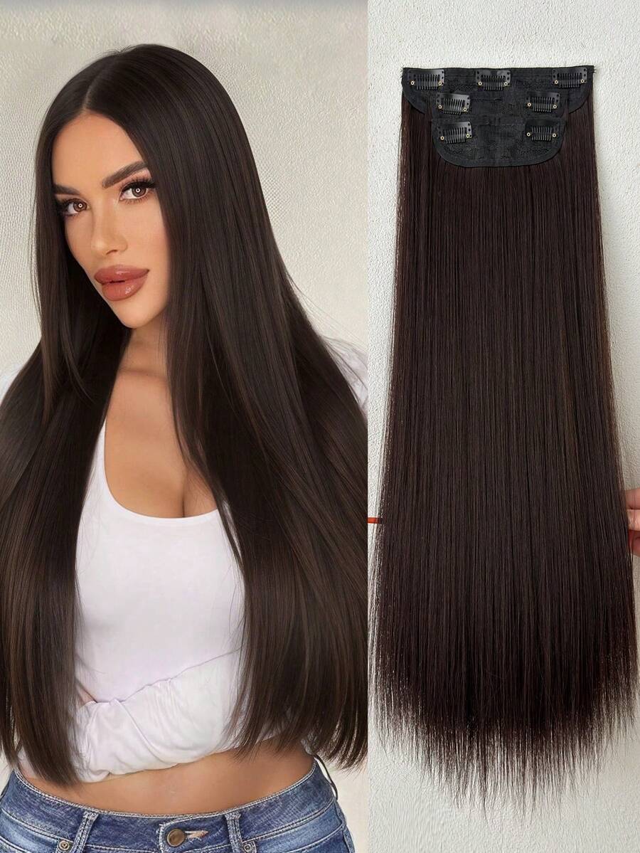 3片装22英寸直发夹式接发片，棕色，合成全头假发片，女士适用