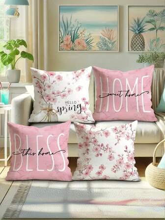4 件套 Hello Spring 花卉天鹅绒抱枕套粉色白色舒适柔软装饰枕套单面印花适用于夏季客厅卧室沙发床装饰（不含枕芯）（15.7*15.7/17.7*17.7/19.7*19.7 英寸），秋季装饰，秋季装饰，房间装饰