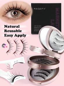 MAGEFY 3对磁吸式假睫毛套装，带夹子，可重复使用，自然漫画风格，夹子式，自然尖刺漫画风格，猫眼蓬松柔软假睫毛，假睫毛条，自然柔软交叉蓬松假睫毛，自然纤长、卷翘、放大双眼，适合女性旅行、派对等场合使用，自然睫毛混合设计 - 黑色 - 查看 13