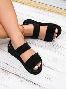 Spring And Summer Models Of Black Wooden Ear Edge Decoration Wide Last Sandals (Foot Circumference Widening, 2 Sizes Wider Than The Regular Foot Circumference), Suitable For Europe, The United States And The Middle East Simple Fashion Sandals