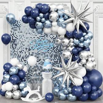 Blue And Silver Balloon Arch Kit, Navy Blue Silver And White Balloon Garland With Metallic Light Blue And Silver Balloon Star-Shaped Foil Balloons For Birthday Wedding Graduation Shower Party Decorations