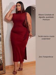 Women's Plus Size Long Dress With Side Slit And Premium Ribbed Rib - Maroon - View 3