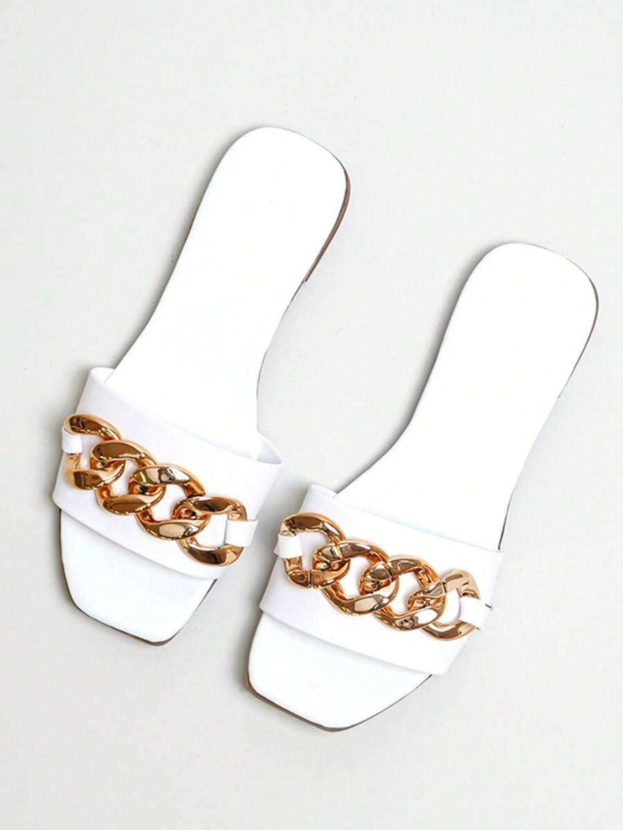 Elegantes chanclas planas para mujer para exteriores, sandalias de deslizamiento con adorno de cadena con puntera abierta, zapatos escolares, zapatos de estudiante universitario, zapatos con estilo bohemio, vintage, cottage-core, francés, para Navidad, otoño, Año Nuevo, San Valentín - Blanco - Ver 1