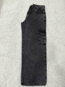 Calça jeans feminina cargo de wide leg de cintura alta  plus size com mamorizada grafite