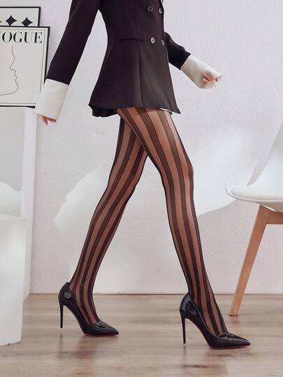 1 Pair Striped Knit Fabric Side Striped Stockings/Pantyhose/Opaque Tights, Suitable For All Seasons, Fall, Halloween, Black Tights, Winter Clothes For Women, Goth, Tights, Plus Size Pants, Fishnet Stockings