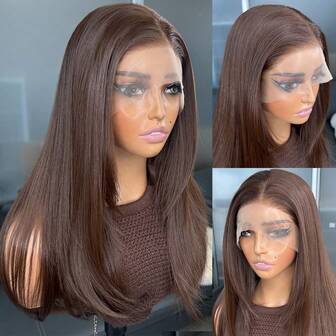 Kanekalon Futura Haar Chocoladebruin 13x4 Synthetische Lace Front Pruik voor Dames 18 Inch Middellang Golvende Gordijnpony Lijmloze Kanekalon Haarbestendige Synthetische Pruiken Middenscheiding 150% Dichtheid Natuurlijke Haarlijn Lijmloze Pruiken voor Mode Dames Meisjes Feest Vakantie Show Make-up Gebruik Dagelijkse Draag