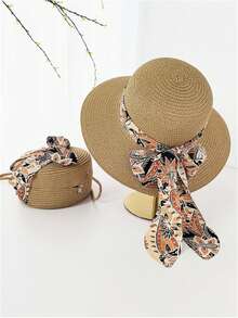 Women's Bohemian Floral Print Straw Hat, Bow Decor Straw Crossbody Bag Set, Fashion Beach Hat, Beach Bag, Phone Pouch, Sun Hat, Foldable Bucket Hat, Suitable For Outdoor Cycling, Travel, Beach Vacation, Daily Wear - Multicolor - View 5