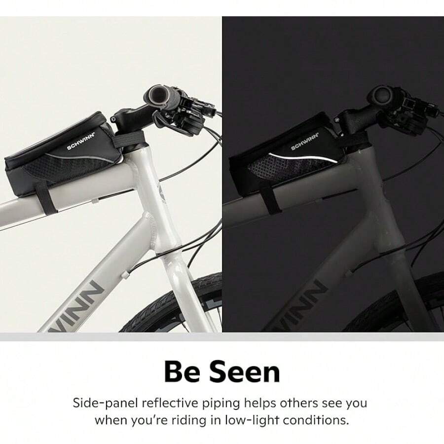 Schwinn - Paquete de asiento para bicicletas, color negro, cierre de cierre de apertura ancha, fácil instalación, ribetes reflectantes, compatible con la mayoría de bicicletas de adultos - Bolsa para teléfono montada en marco - Ver 1