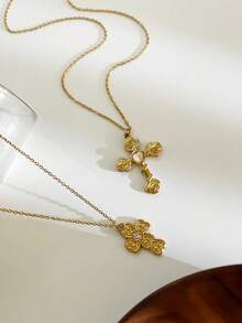 Monlansher New Stainless Steel Cross Pendant Necklace For Women, Heart Flower Elements Cross Design Fashion High-End Handmade Studded Stone Personalized Cross Pendant Necklace - Gold - View 5