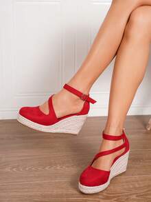 Giày đế xuồng đế xuồng quai mắt cá chân tối giản dành cho nữ, giày lười đế xuồng đế xuồng đế xuồng đế đay màu đỏ giả da ngày lễ - Đỏ - Xem 1