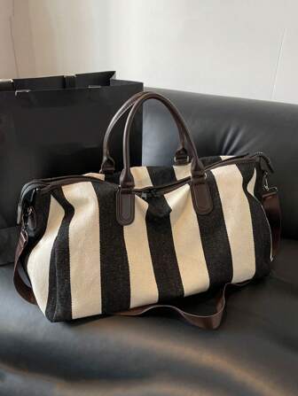 高端质感的旅行包，大容量用于寄送住宿，衣物收纳袋，便携式商务旅行登机行李包，斜挎包，时尚撞色条纹设计，多功能手提包假日必备品假日旅行必备品旅行配件学校包学校配件学校用品