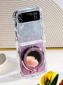 波浪风格柔软手机壳带闪亮化妆镜支架环支架适用于三星 Galaxy Z Flip7 6 Z Flip 5 Z Flip 4 Z Flip 3 TPU 材质防摔手机保护套 - 粉色 - 查看 2