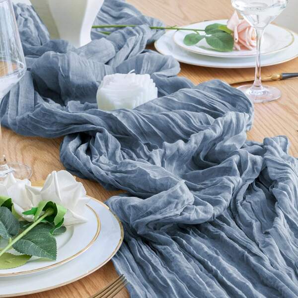 1pc Grey & Blue Cheese Cloth Table Runner, 10ft Bohemian Cheesecloth Suitable For Easter, Tea, Wedding, Party, Baby Shower, Bridal, Birthday Table Decor