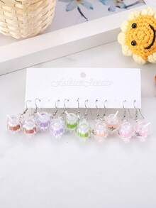 5 Paar süße 3D simulierte Bubble Tea, Kuchen, Eis Ohrhänger Set, Makrone farbiger realistischer Harz Süßigkeiten Snack Ohrringe für Frauen, Frühling/Sommer Accessoire, Party Gastgeschenk - Verschiedenfarbig - Übersicht 6