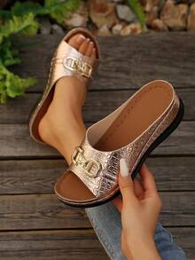 Elegant Women's Wedge Shaped Slippers And Sandals, Buckle Decoration Outdoor Sandals, Fashionable, Comfortable, Elegant, Casual, Beach, Wedge Shaped, Thick Soled Sandals, Plus Size - Champagne - View 1